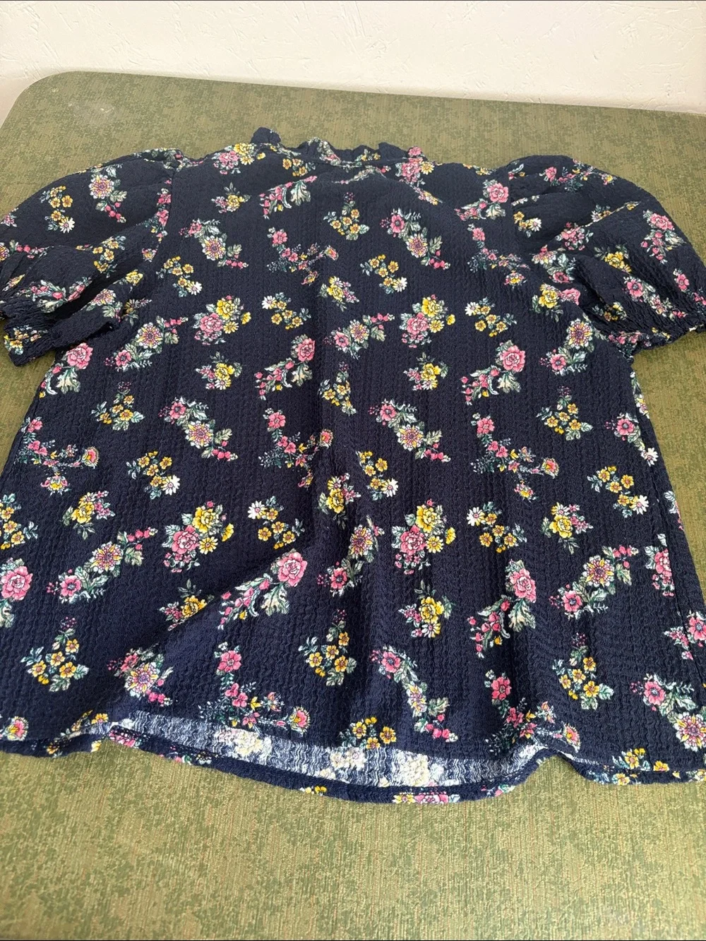 LOFT Navy Floral Smocked Top with Puff Sleeves